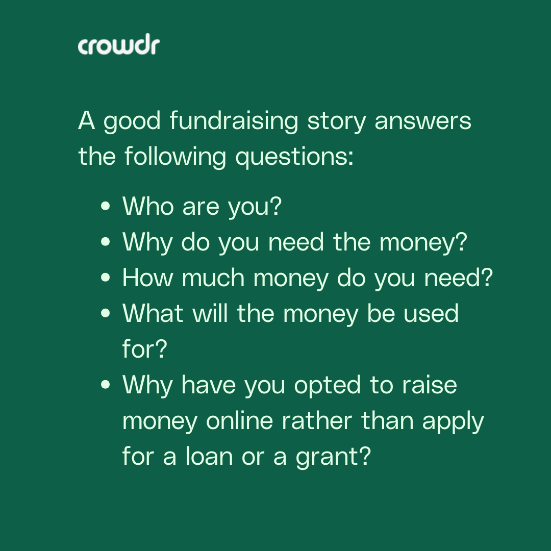 Graphic listing key questions to answer in a fundraising story